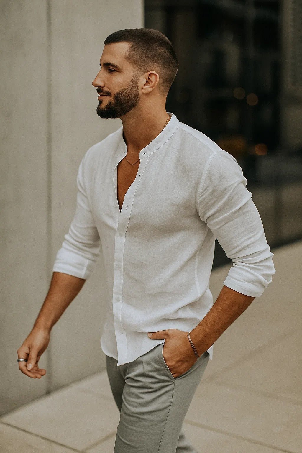 Declan | Linen Grandad Collar Long Sleeve Shirt