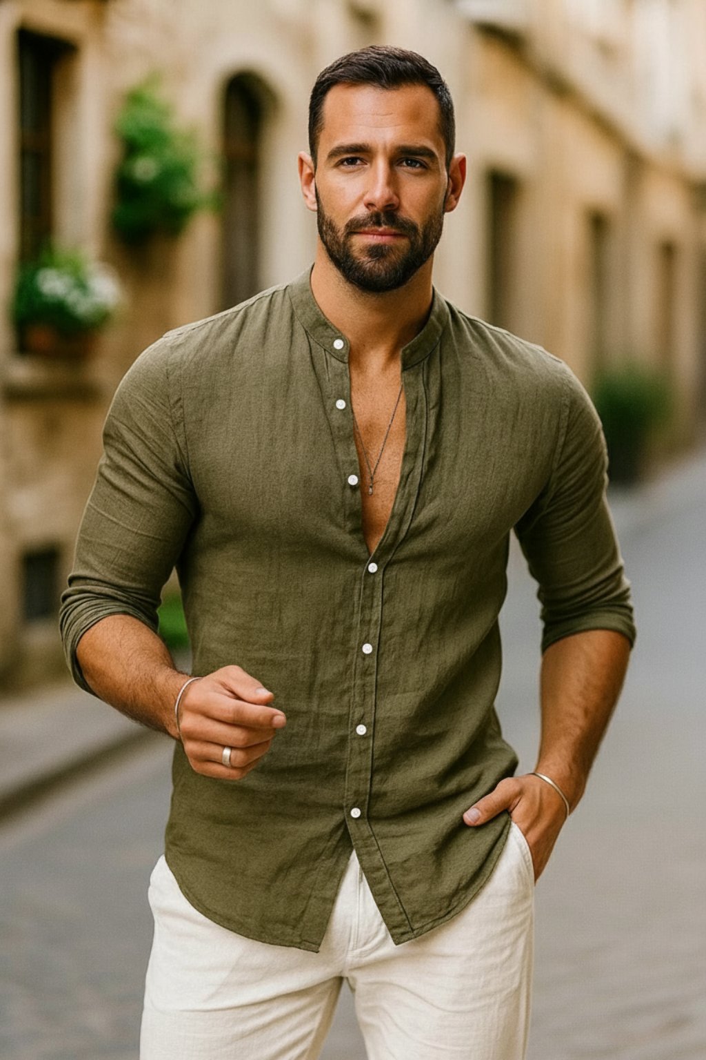 Declan | Linen Grandad Collar Long Sleeve Shirt