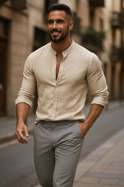 Declan | Linen Grandad Collar Long Sleeve Shirt