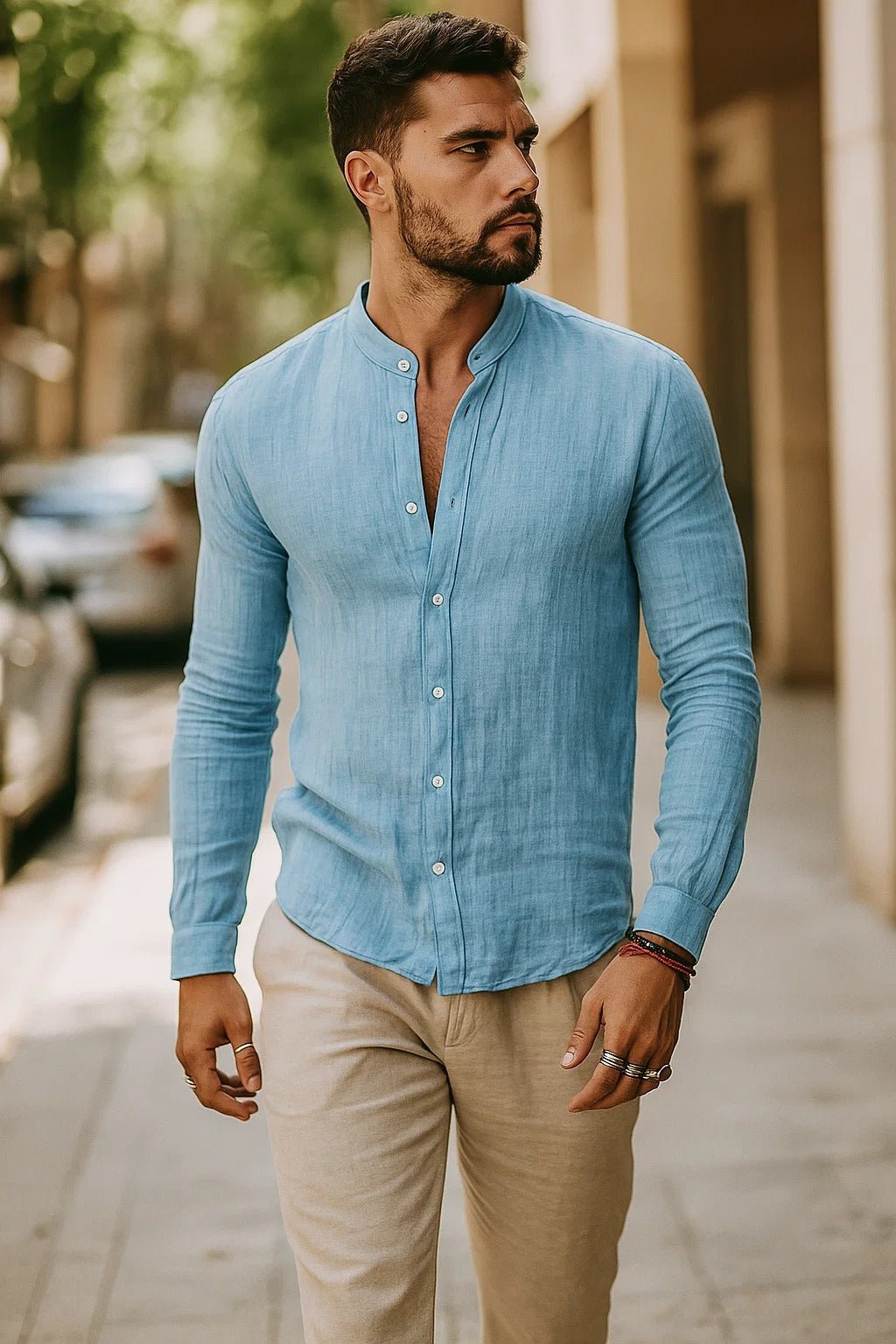Declan | Linen Grandad Collar Long Sleeve Shirt