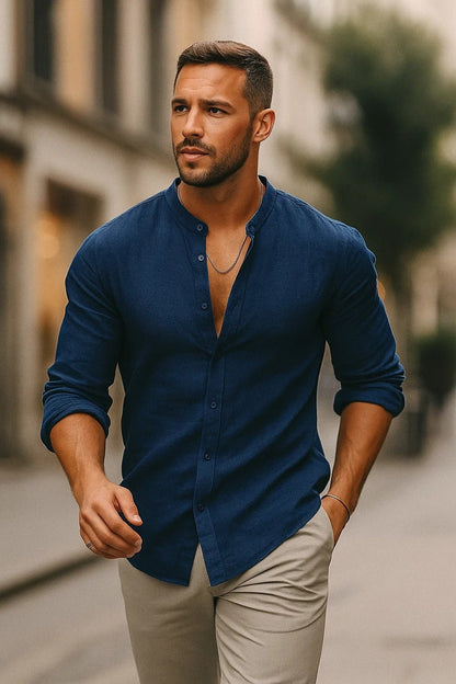 Declan | Linen Grandad Collar Long Sleeve Shirt