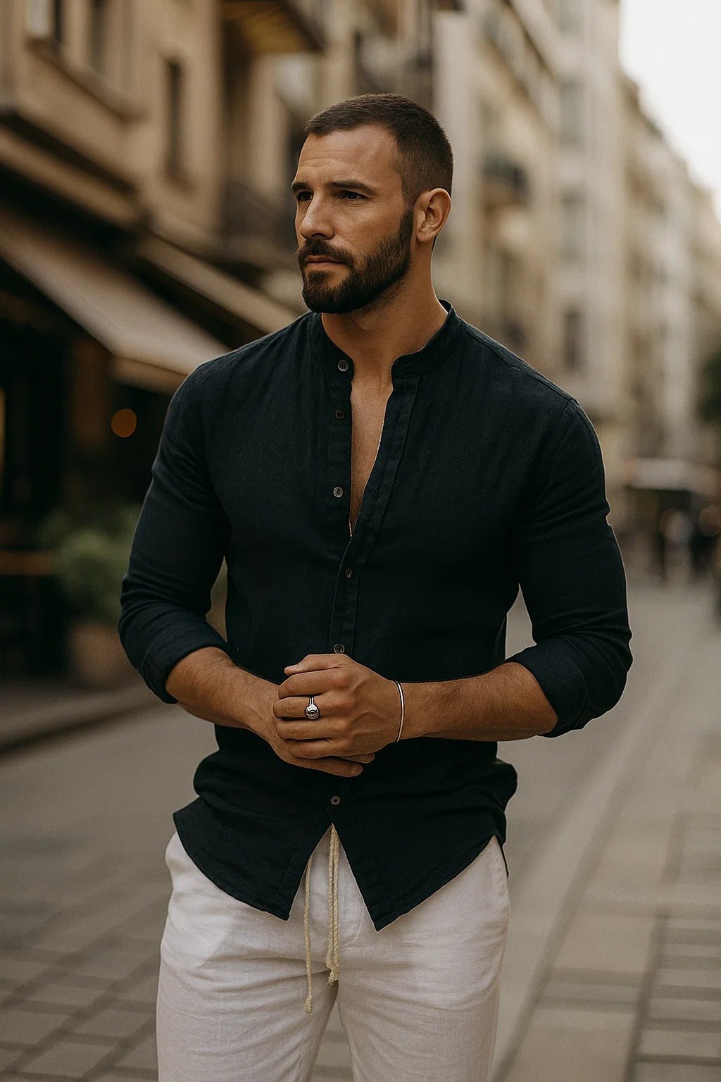 Declan | Linen Grandad Collar Long Sleeve Shirt