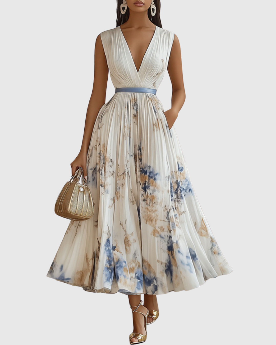 Mireille | Pleated V-Neck Floral Midi Dress with Pockets