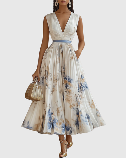 Mireille | Pleated V-Neck Floral Midi Dress with Pockets