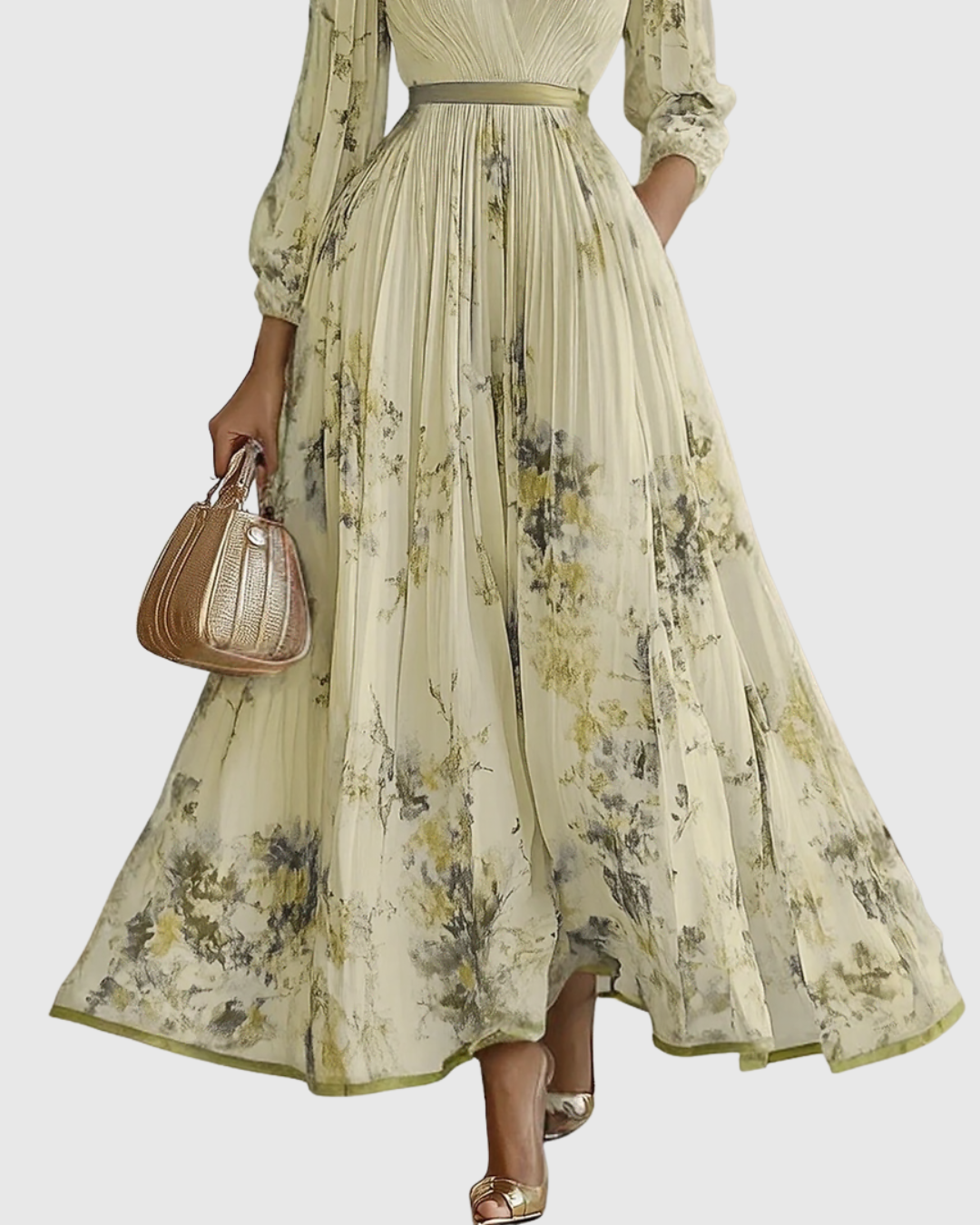 Mireille | Pleated V-Neck Floral Midi Dress with Pockets