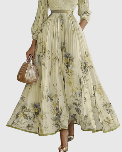 Mireille | Pleated V-Neck Floral Midi Dress with Pockets