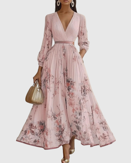 Mireille | Pleated V-Neck Floral Midi Dress with Pockets