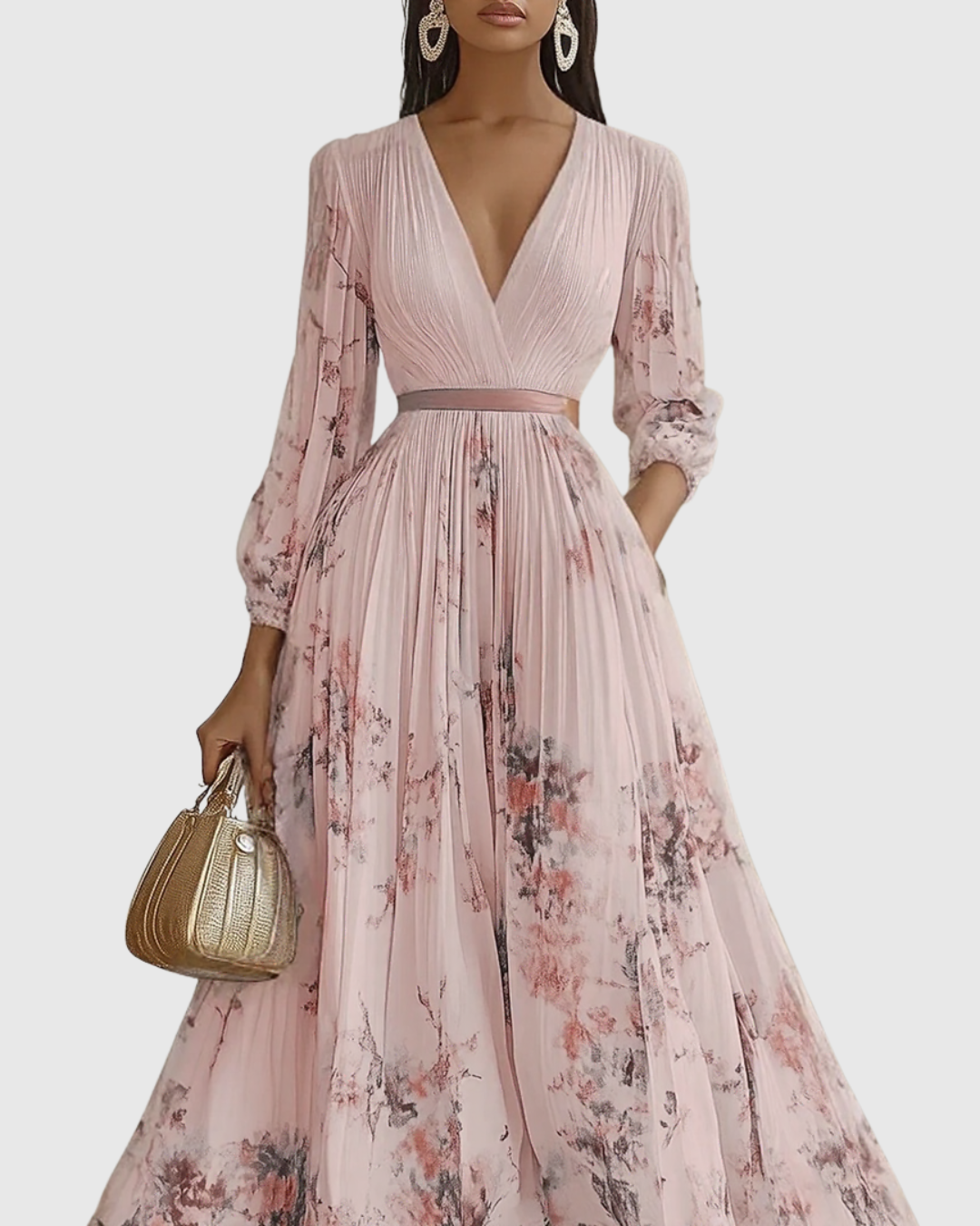 Mireille | Pleated V-Neck Floral Midi Dress with Pockets