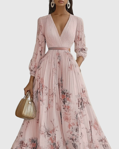 Mireille | Pleated V-Neck Floral Midi Dress with Pockets