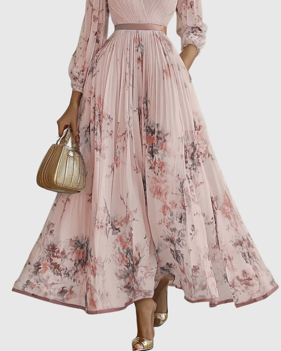 Mireille | Pleated V-Neck Floral Midi Dress with Pockets