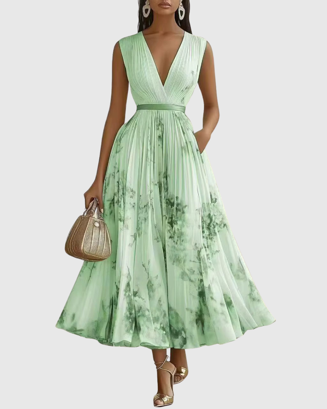 Mireille | Pleated V-Neck Floral Midi Dress with Pockets