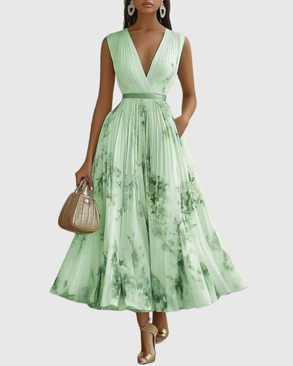 Mireille | Pleated V-Neck Floral Midi Dress with Pockets
