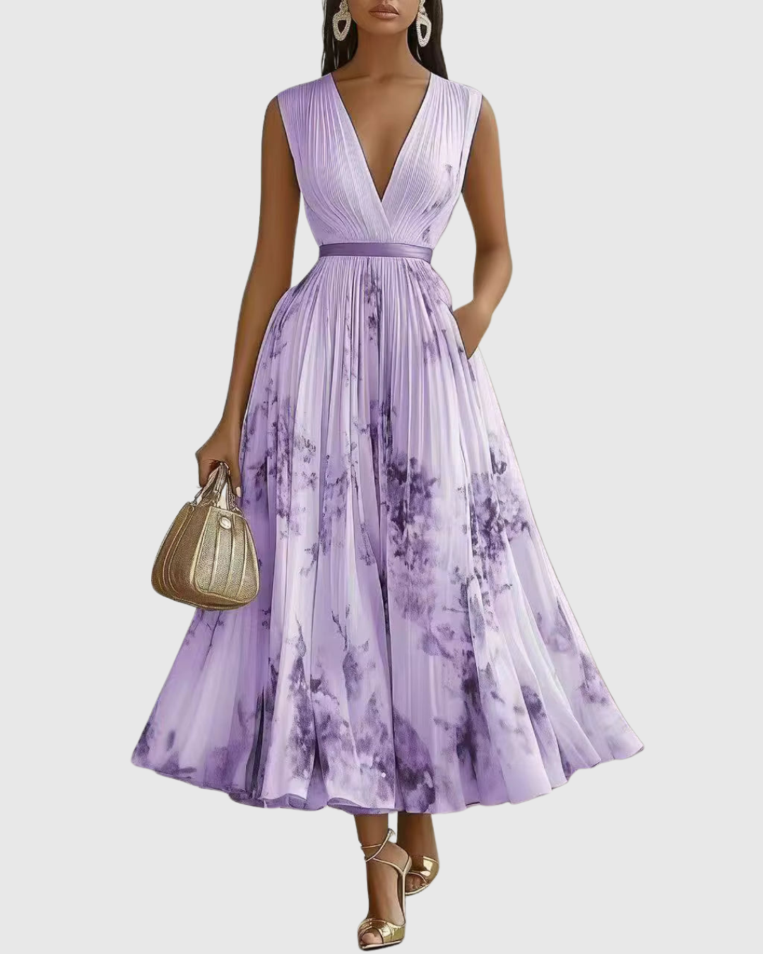 Mireille | Pleated V-Neck Floral Midi Dress with Pockets