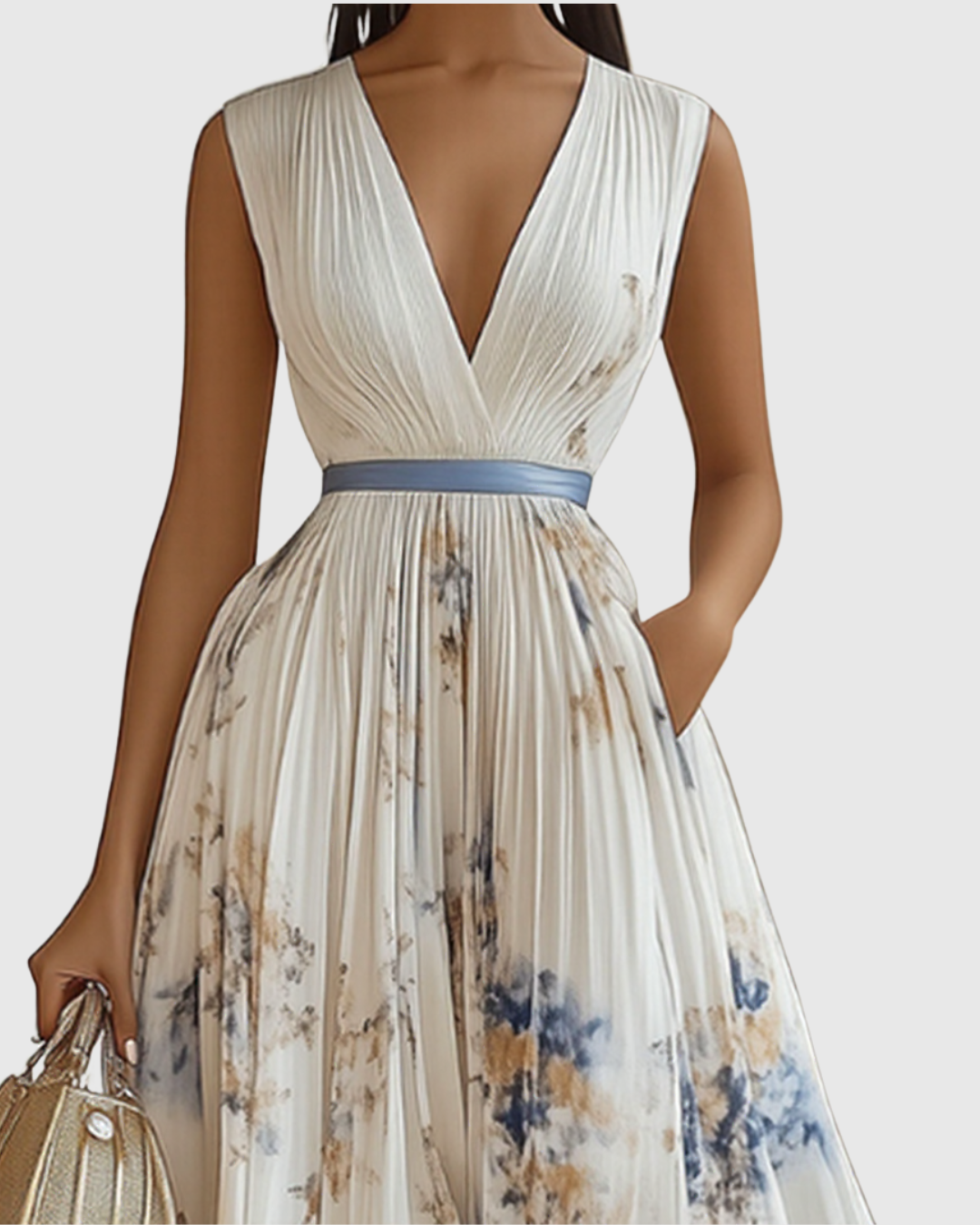 Mireille | Pleated V-Neck Floral Midi Dress with Pockets