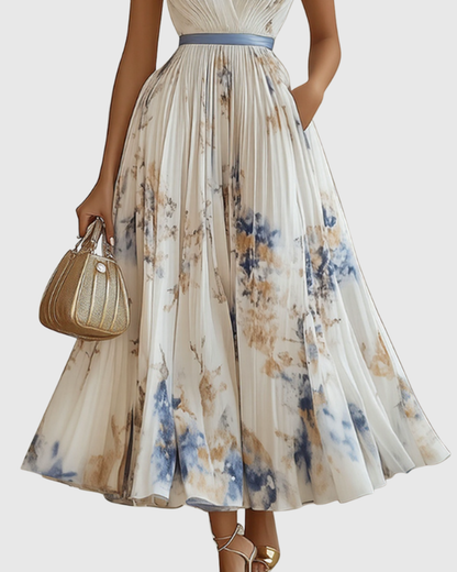 Mireille | Pleated V-Neck Floral Midi Dress with Pockets