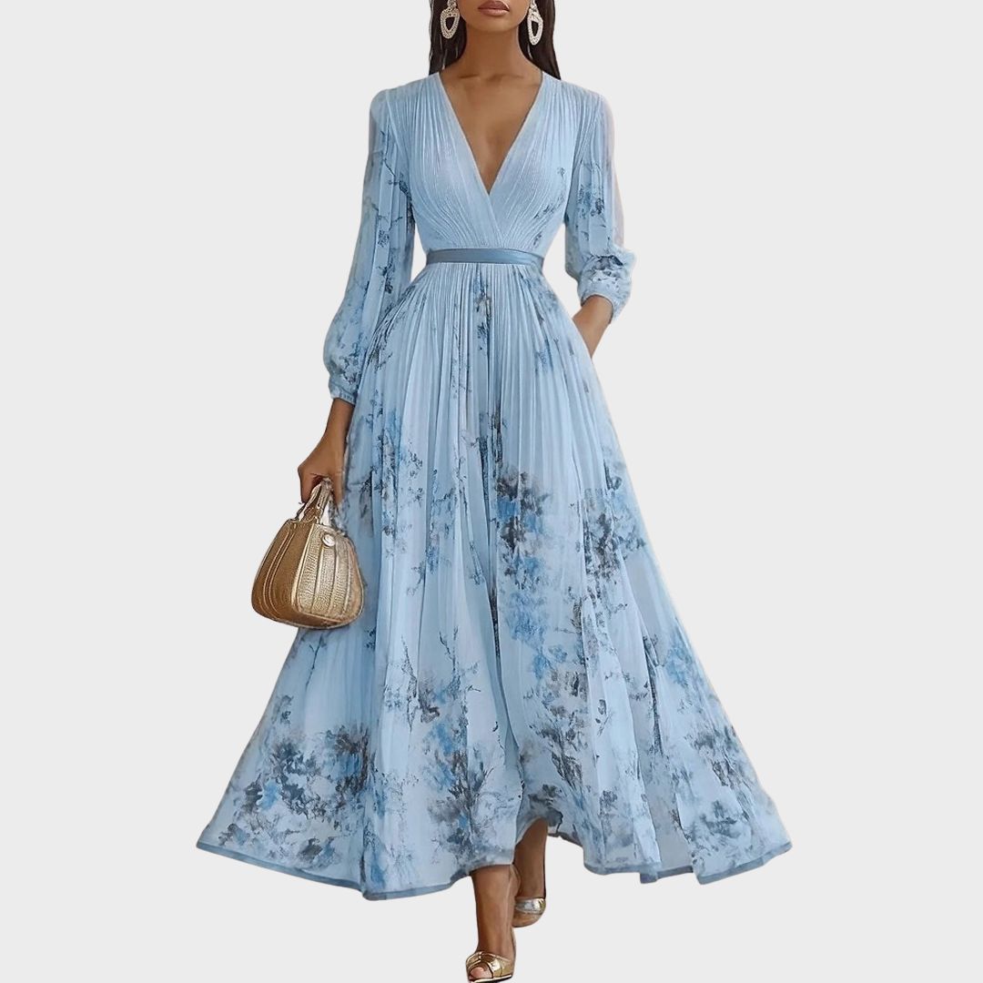 Mireille | Pleated V-Neck Floral Midi Dress with Pockets
