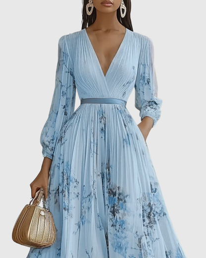 Mireille | Pleated V-Neck Floral Midi Dress with Pockets