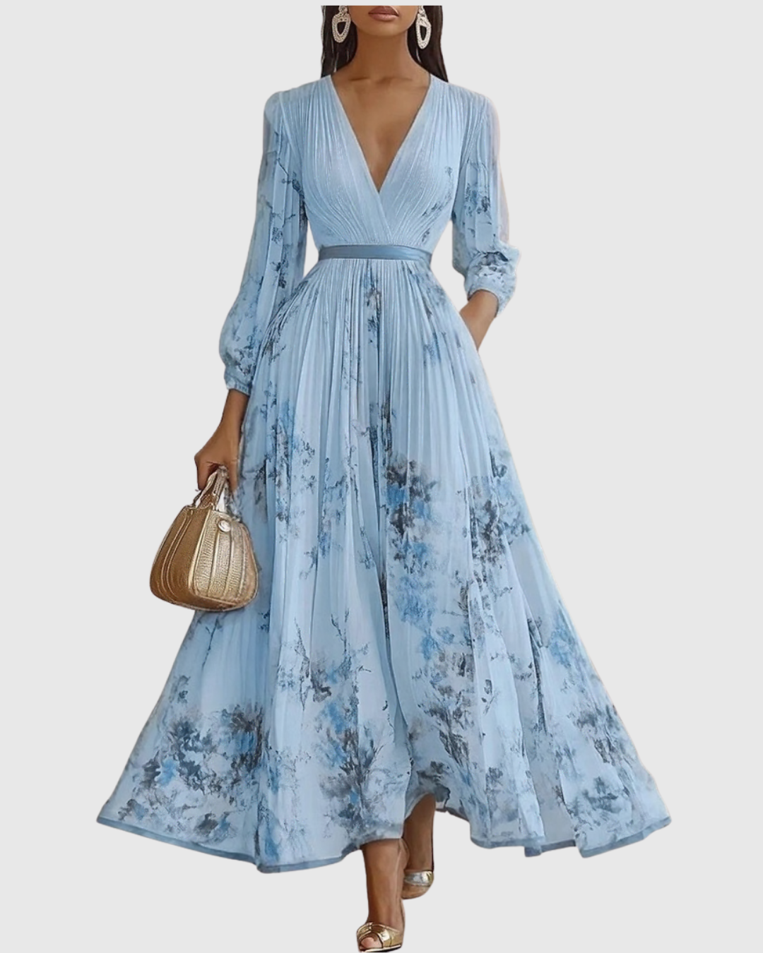 Mireille | Pleated V-Neck Floral Midi Dress with Pockets