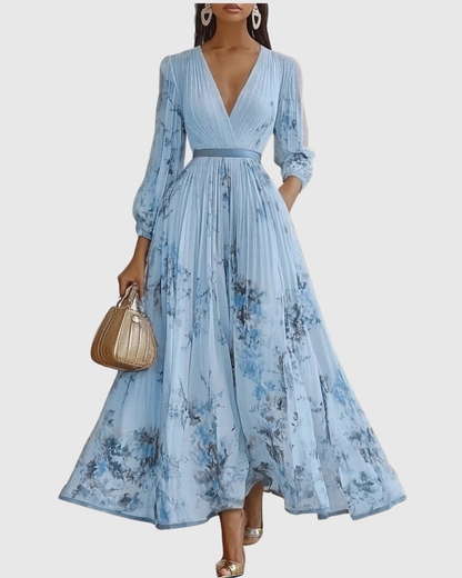 Mireille | Pleated V-Neck Floral Midi Dress with Pockets