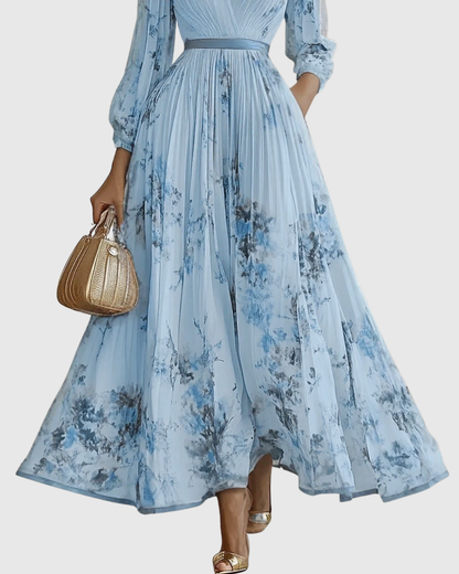 Mireille | Pleated V-Neck Floral Midi Dress with Pockets