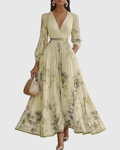 Mireille | Pleated V-Neck Floral Midi Dress with Pockets