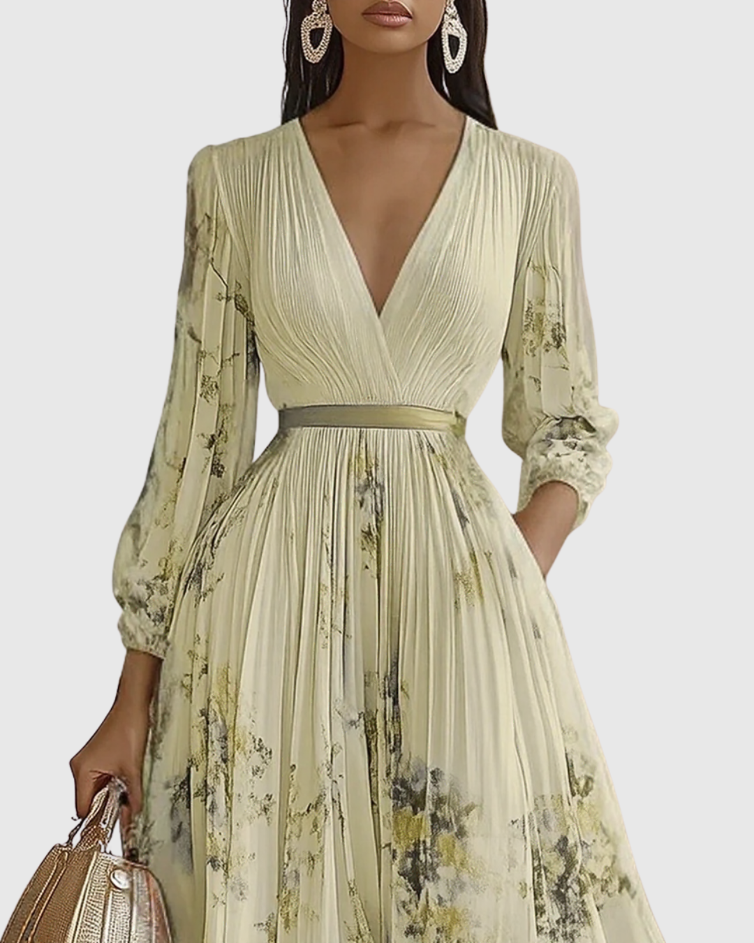 Mireille | Pleated V-Neck Floral Midi Dress with Pockets