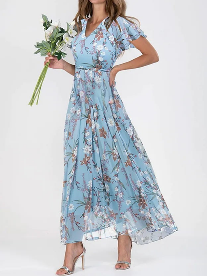 Marigold | Floral V-Neck Flutter Sleeve Maxi Dress