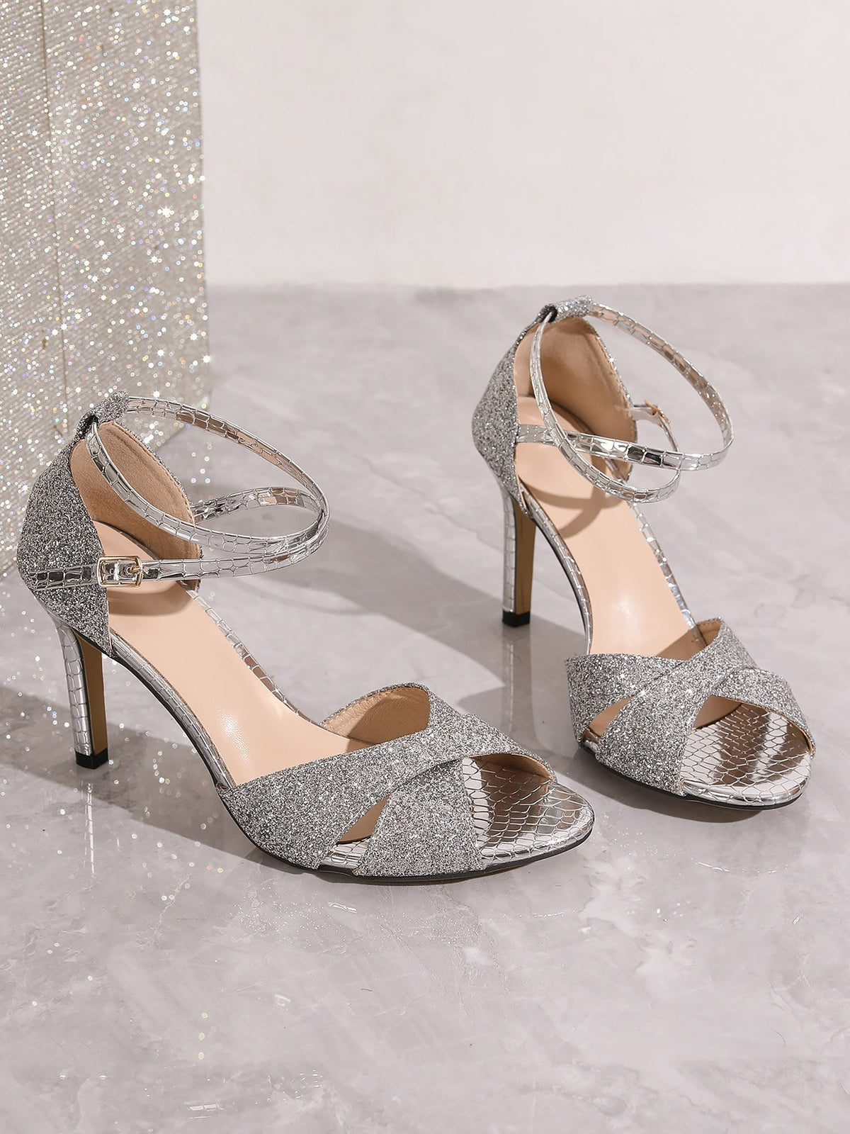 Sienna | Glitter Strappy High Heel Sandals with Ankle Strap