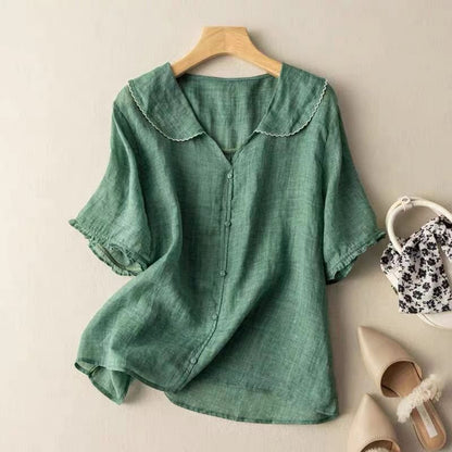 Quinn | Scalloped Collar Button Up Linen Blouse