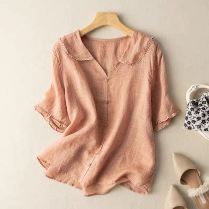 Quinn | Scalloped Collar Button Up Linen Blouse