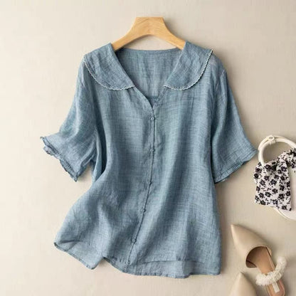 Quinn | Scalloped Collar Button Up Linen Blouse