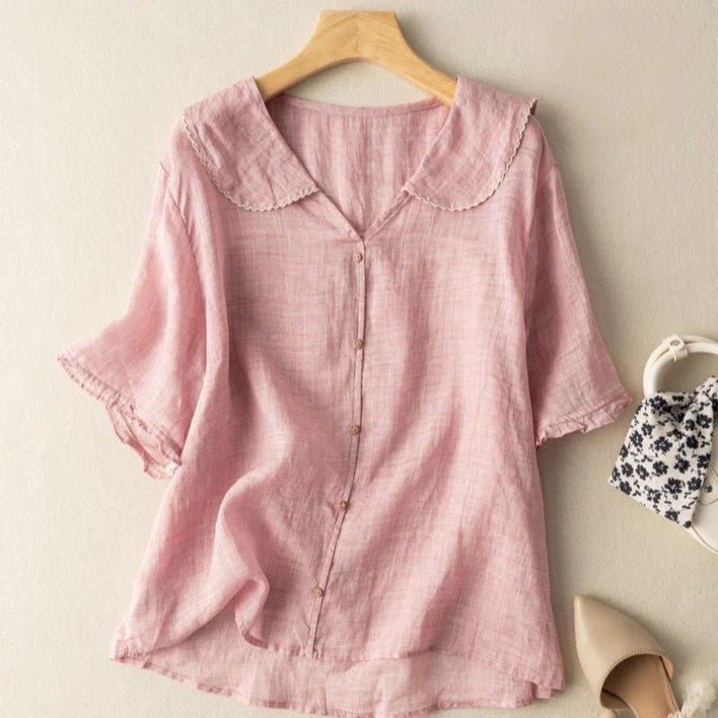 Quinn | Scalloped Collar Button Up Linen Blouse