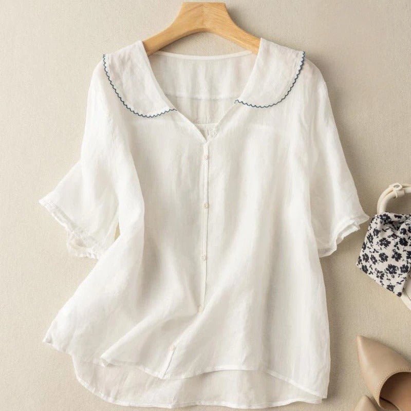 Quinn | Scalloped Collar Button Up Linen Blouse