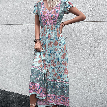 Stella | Boho Floral V-Neck Smocked Waist Maxi Dress