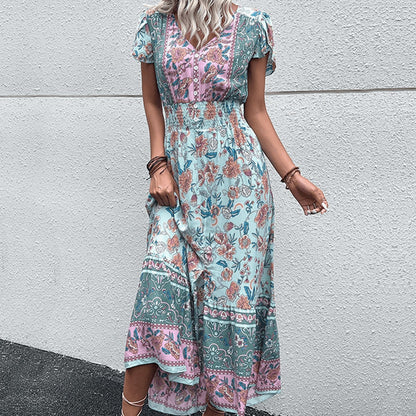 Stella | Boho Floral V-Neck Smocked Waist Maxi Dress