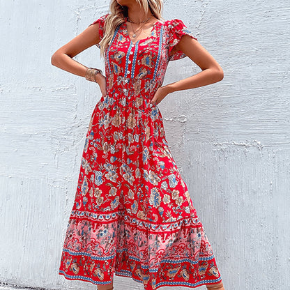 Stella | Boho Floral V-Neck Smocked Waist Maxi Dress