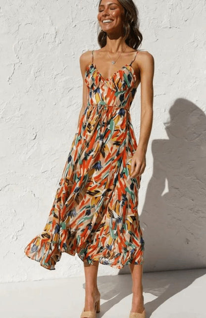 Alice | Boho Floral Spaghetti Strap Flowy Midi Summer Dress