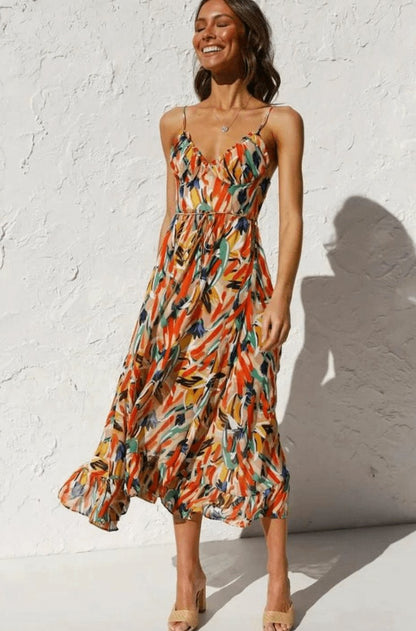 Alice | Boho Floral Spaghetti Strap Flowy Midi Summer Dress