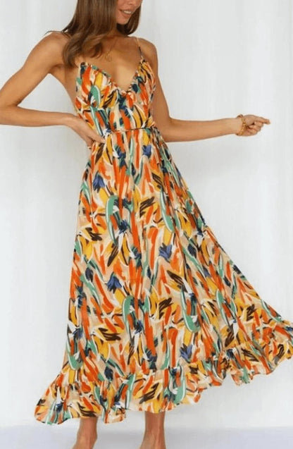 Alice | Boho Floral Spaghetti Strap Flowy Midi Summer Dress