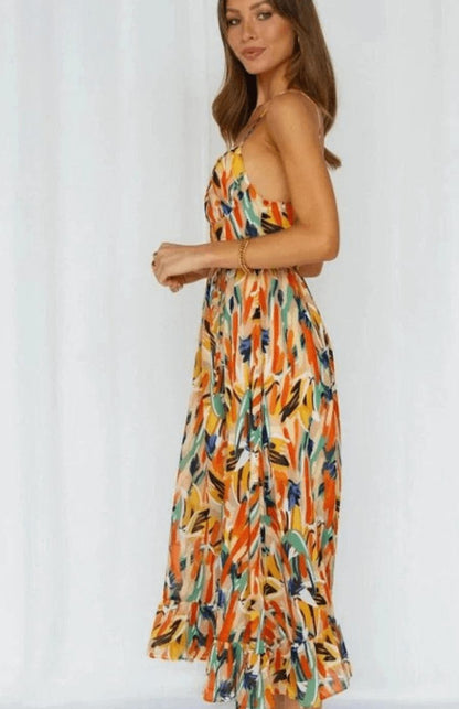 Alice | Boho Floral Spaghetti Strap Flowy Midi Summer Dress