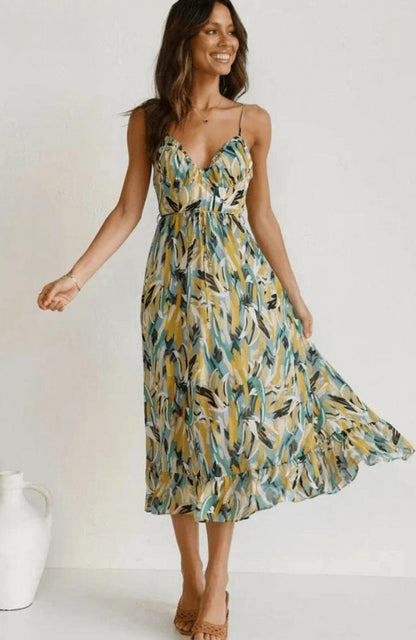 Alice | Boho Floral Spaghetti Strap Flowy Midi Summer Dress