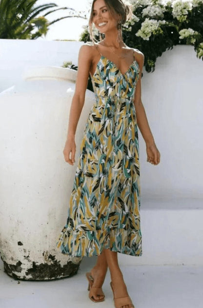 Alice | Boho Floral Spaghetti Strap Flowy Midi Summer Dress