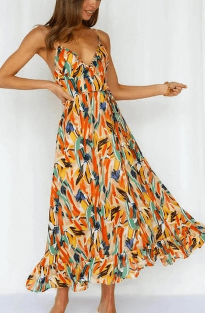 Alice | Boho Floral Spaghetti Strap Flowy Midi Summer Dress