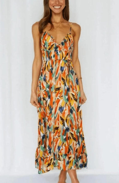 Alice | Boho Floral Spaghetti Strap Flowy Midi Summer Dress