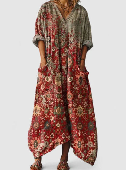 Ivy | Boho Floral Oversized V-Neck Maxi Dress with Pockets