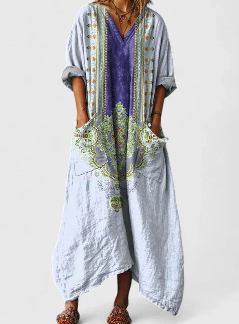 Ivy | Boho Floral Oversized V-Neck Maxi Dress with Pockets