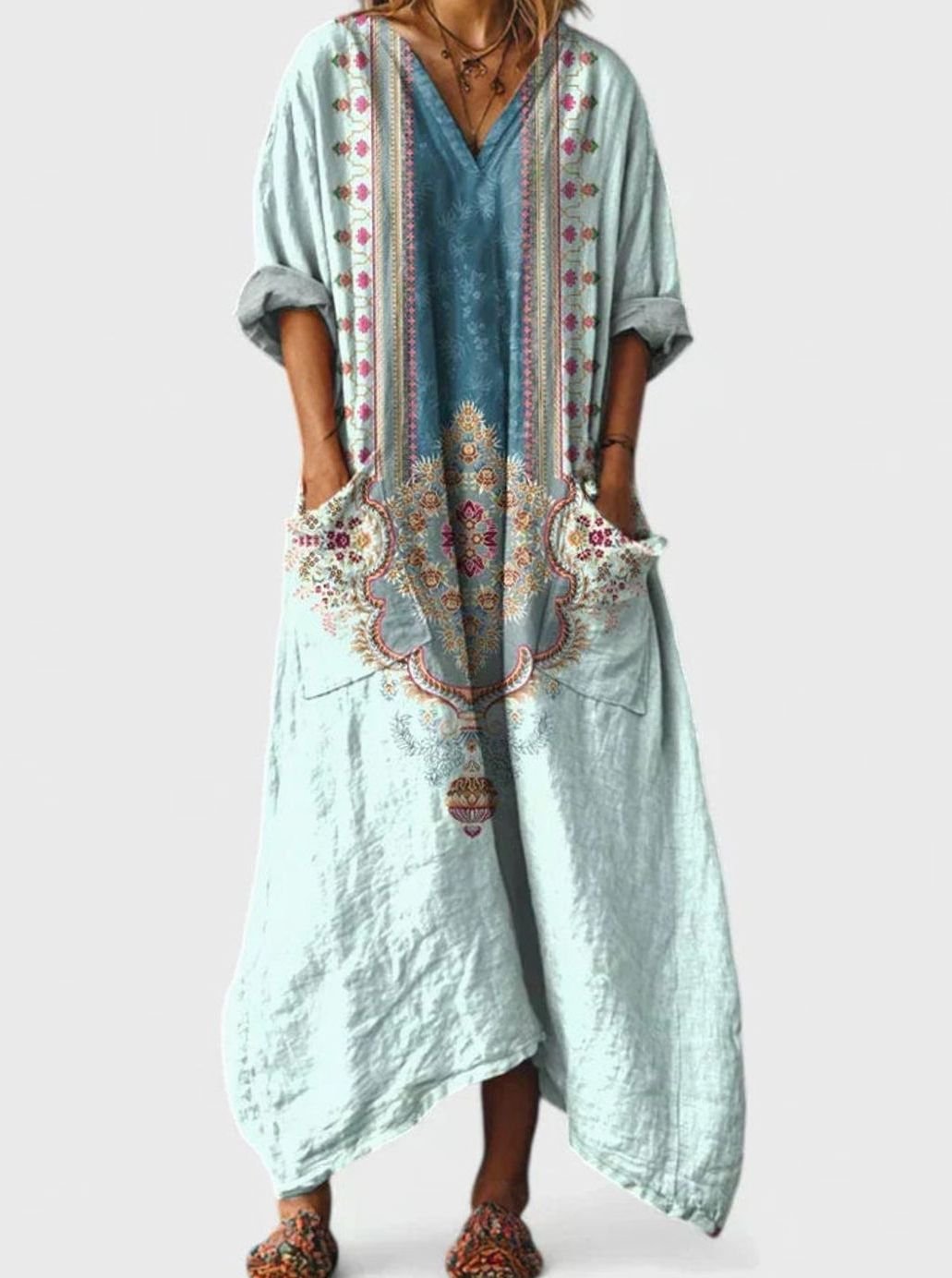 Ivy | Boho Floral Oversized V-Neck Maxi Dress with Pockets