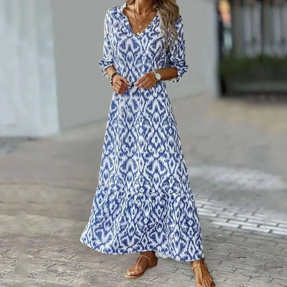 Coco | Boho Ikat Print V-Neck Three Quarter Sleeve Maxi Dress