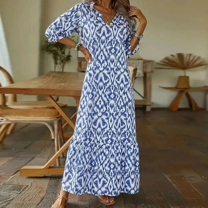 Coco | Boho Ikat Print V-Neck Three Quarter Sleeve Maxi Dress