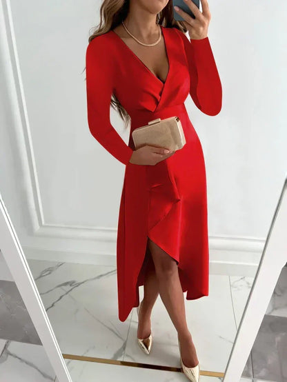Bridget | Wrap V-Neck Long Sleeve Midi Cocktail Dress